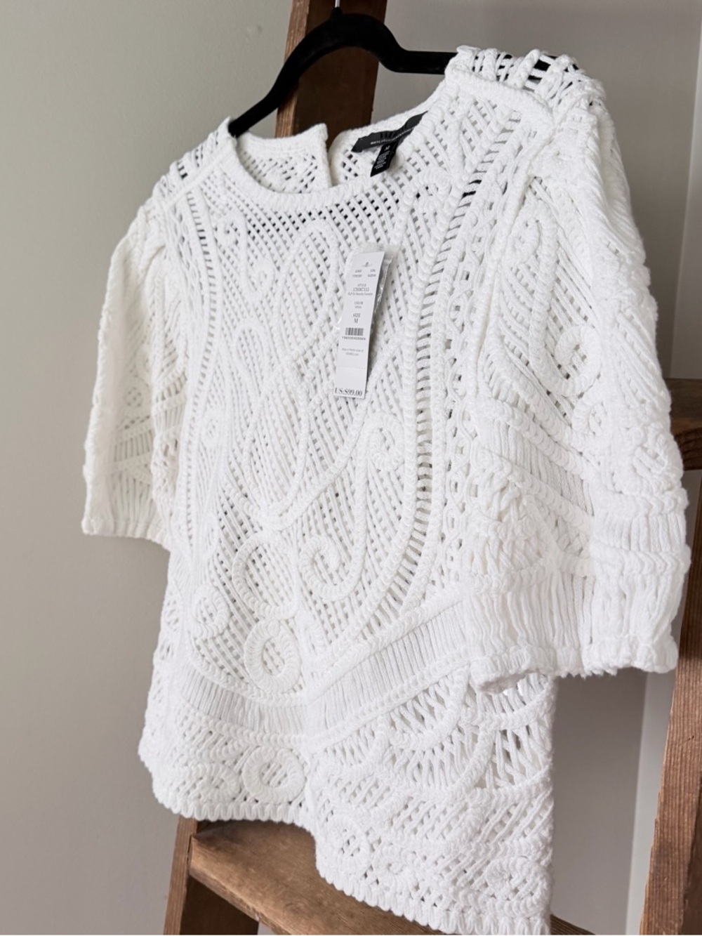 White House Black Market Puff Sleeve Novelty Crochet Cropped Top Blouse Medium - Picture 5 of 16